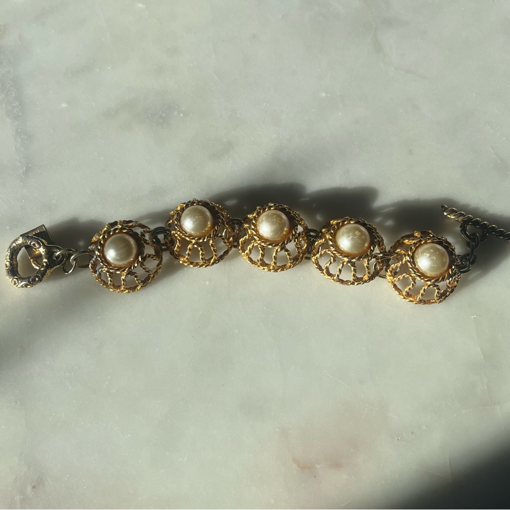 Vintage Alexis Lahellec Paris Gold Filigree Pearl Bracelet – Statement Piece